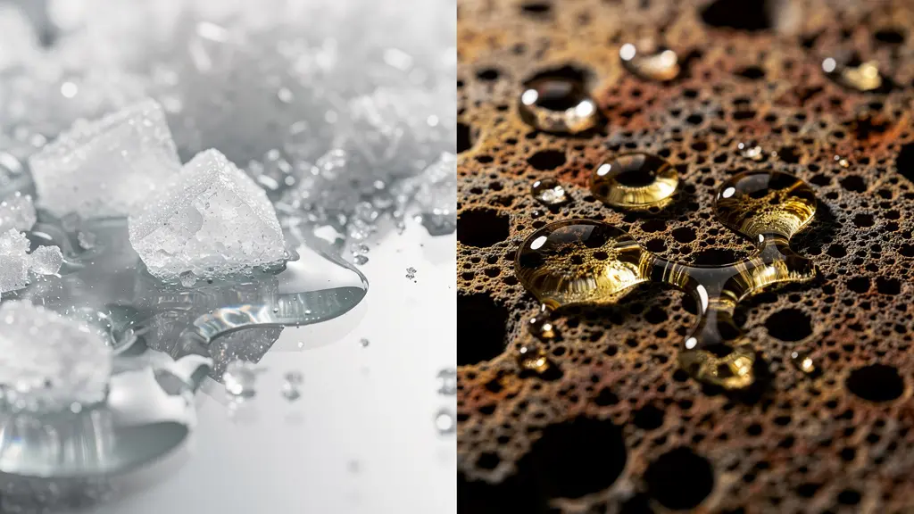 Comparación visual de efectos del ácido glicólico en piel rugosa y ácido salicílico en poros obstruidos