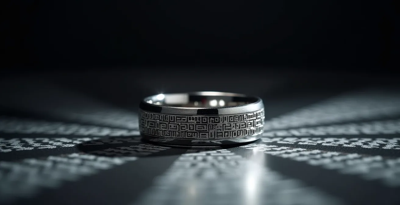 Primer plano de un anillo con un patrón geométrico abstracto que sugiere un código, representando la idea de un grabado complejo y minimalista.