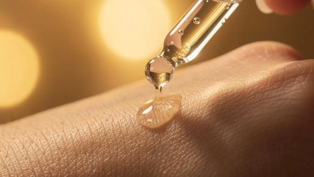 Manos aplicando un sérum facial con una pipeta sobre un rostro en un ambiente nocturno con una iluminación suave y dorada.