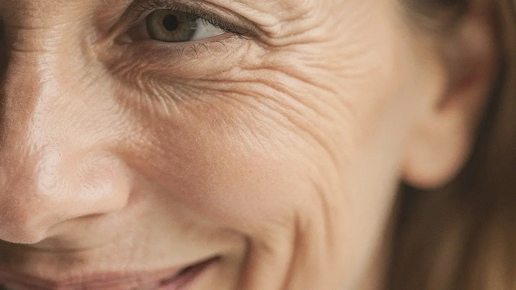Rostro femenino maduro mostrando textura natural de la piel con líneas de expresión