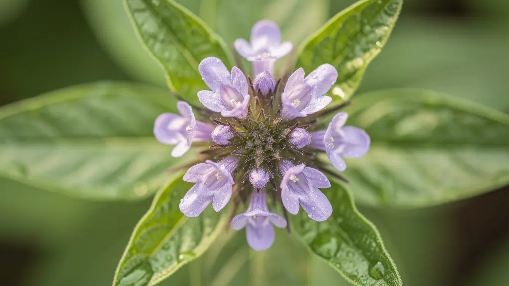 Planta de bakuchiol con hojas verdes y flores moradas en primer plano macro