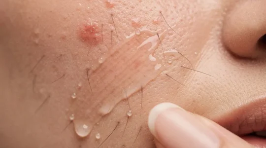 Primer plano de piel sensible mostrando textura irritada con crema hidratante