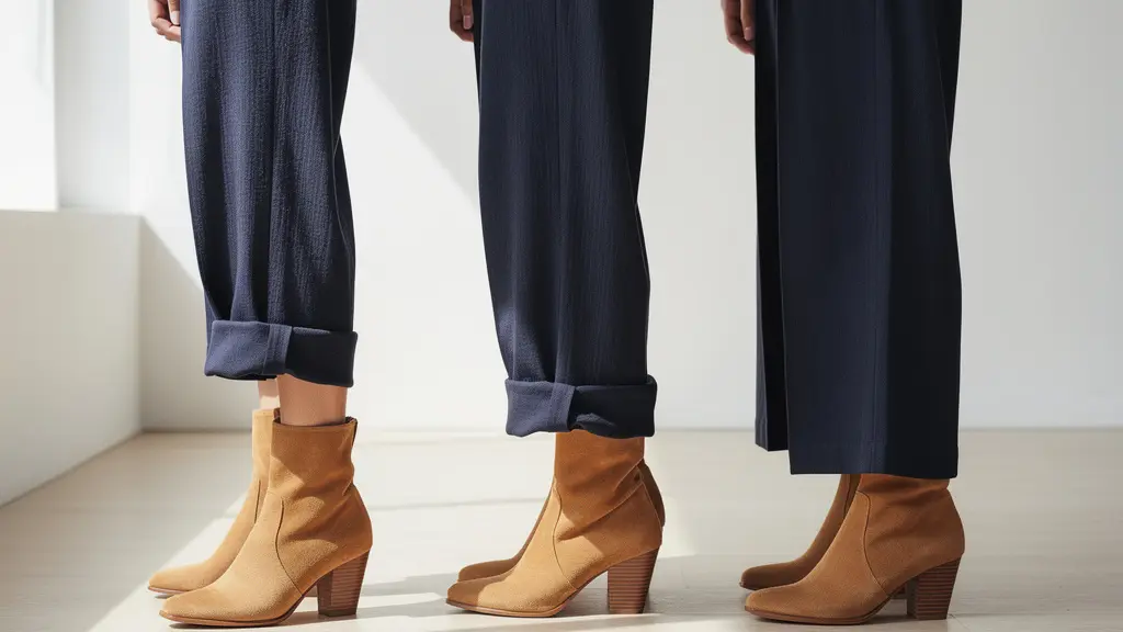Mujer elegante con botines al tobillo y pantalones anchos mostrando las tres opciones de estilismo del bajo