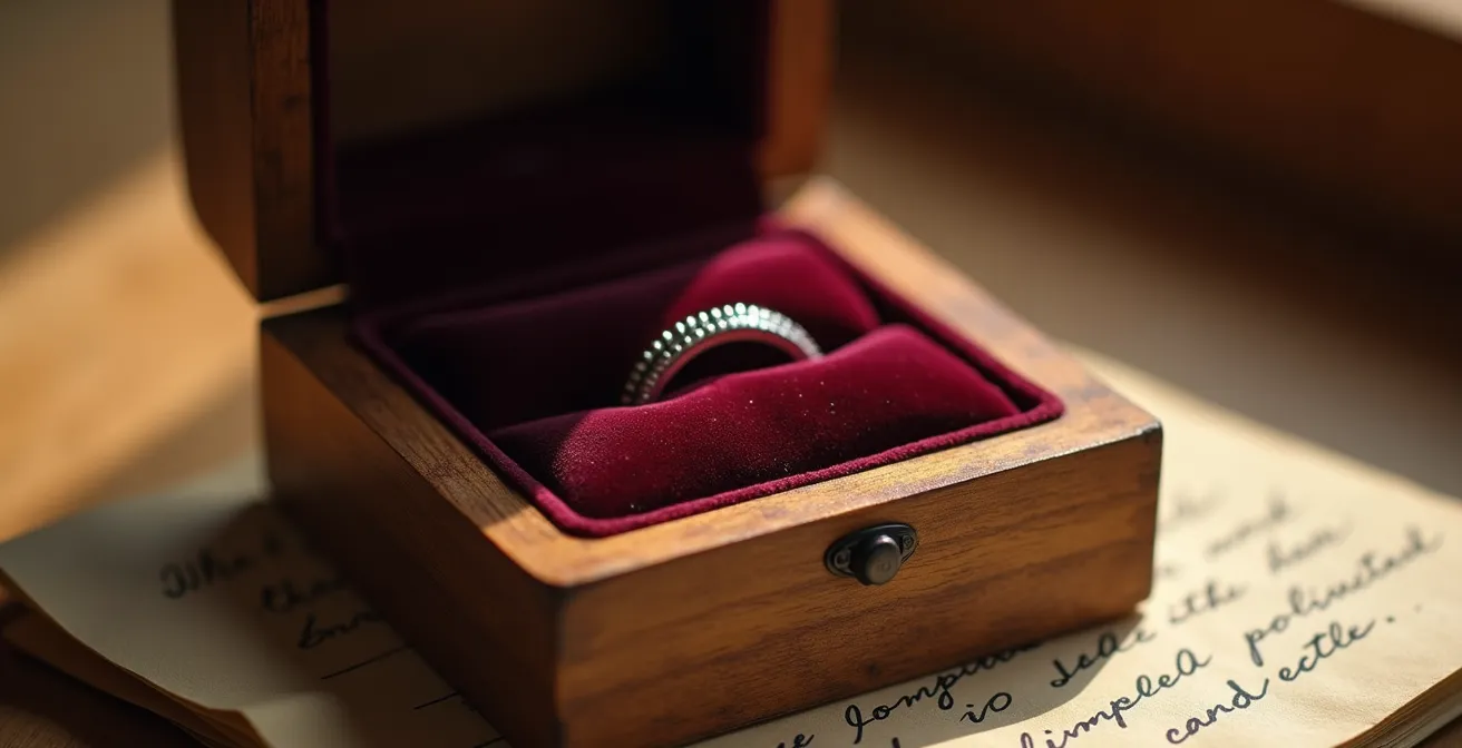 Caja de madera artesanal abierta, revelando una joya única sobre un lecho de terciopelo oscuro, bañada por una luz natural suave.