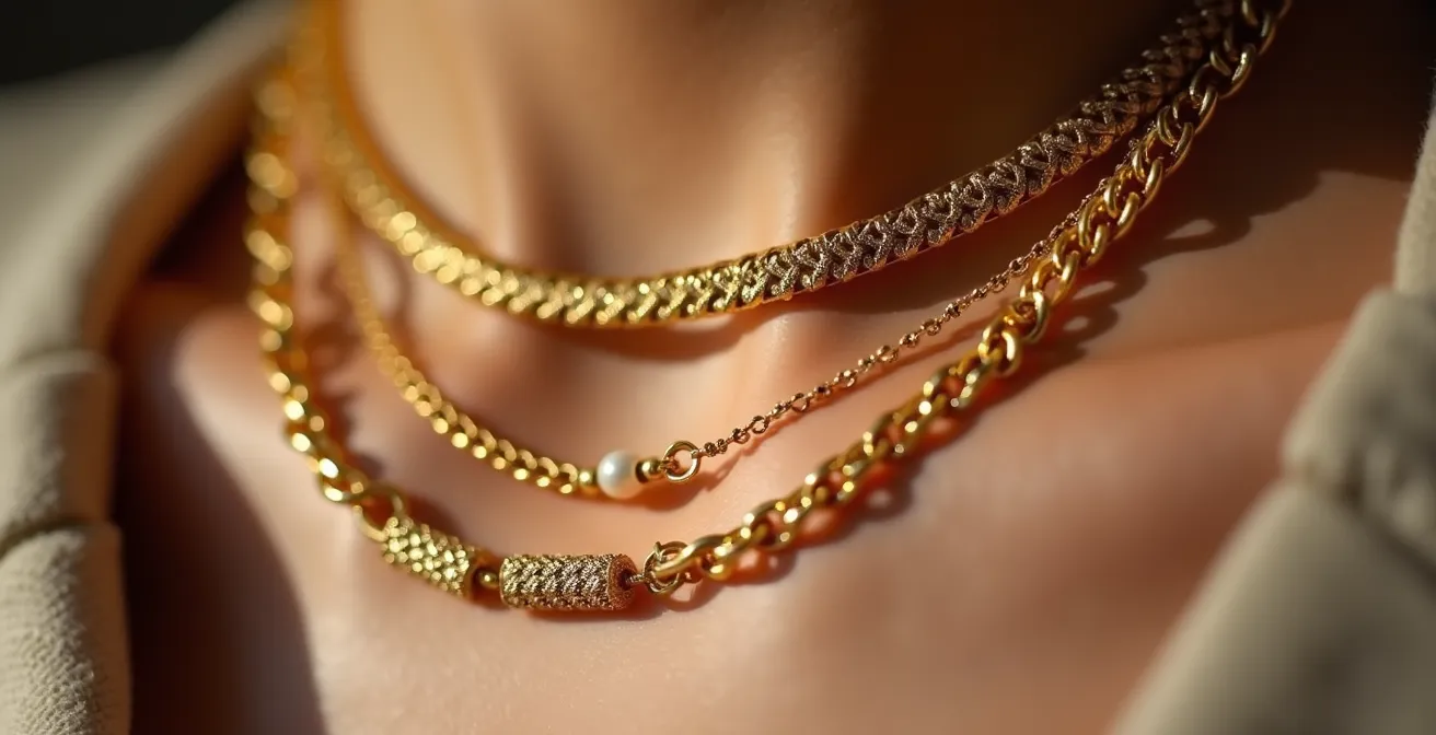 Detalle de múltiples collares dorados en capas con diferentes texturas