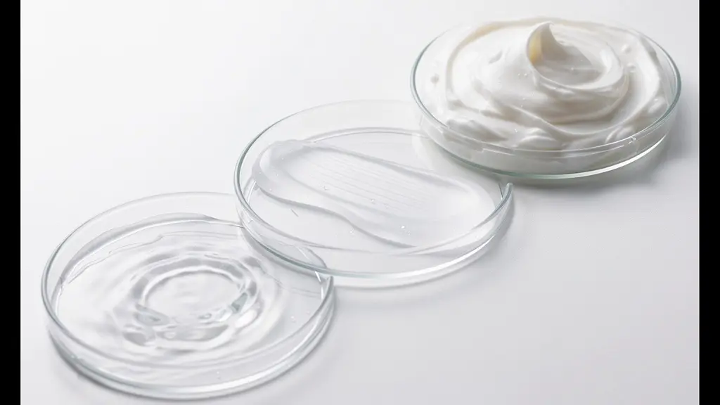 Vista lateral de diferentes texturas de productos de skincare en capas transparentes, mostrando un gradiente de densidades desde líquido a crema espesa.