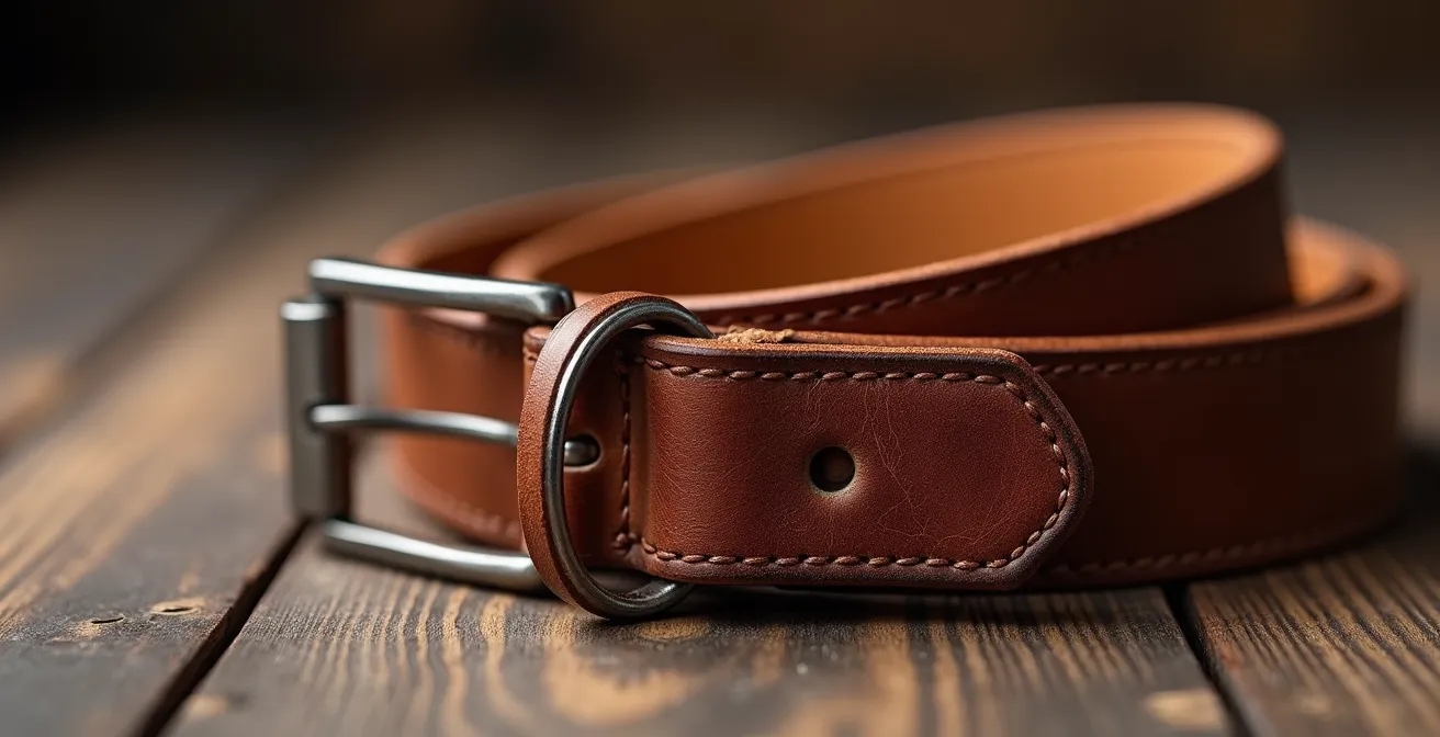 Cinturón de cuero premium artesanal sin logos sobre superficie de madera