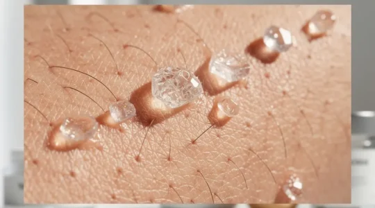 Representación visual de péptidos de colágeno siendo absorbidos a través de las capas de la piel