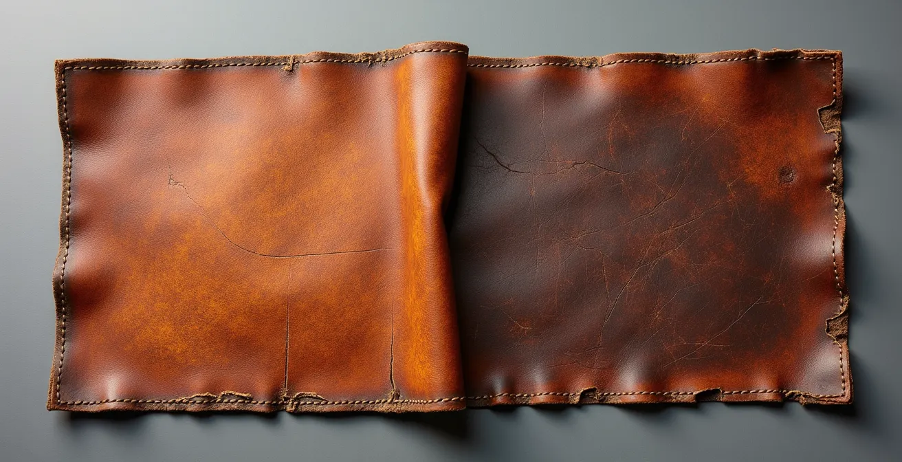 Comparación visual del envejecimiento entre cuero de grano completo con pátina noble y cuero genuino deteriorado