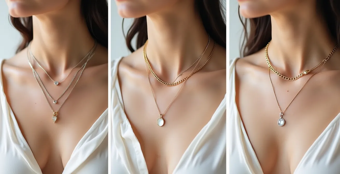 Comparación visual de diferentes largos de collar en cuello corto, mostrando el efecto de cada uno.