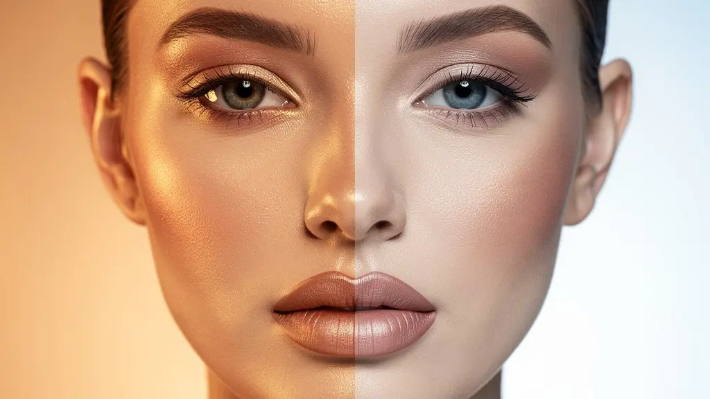 Comparación visual del mismo maquillaje bajo luz cálida y fría mostrando diferencias de color