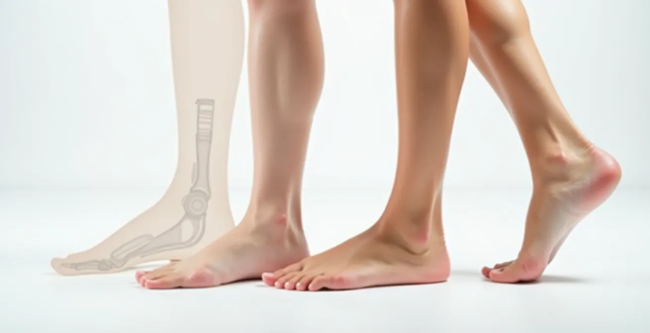 Comparación de la pisada de un pie plano y un pie cavo, mostrando cómo afecta un tacón bajo frente a un zapato plano.