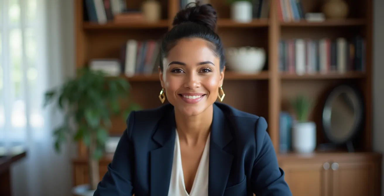 Mujer profesional aplicando la regla de los tercios en videollamada