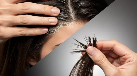 Contraste entre un cuero cabelludo congestionado en la parte superior y puntas dañadas en la parte inferior del cabello