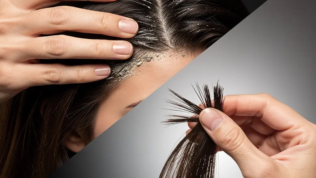 Contraste entre un cuero cabelludo congestionado en la parte superior y puntas dañadas en la parte inferior del cabello