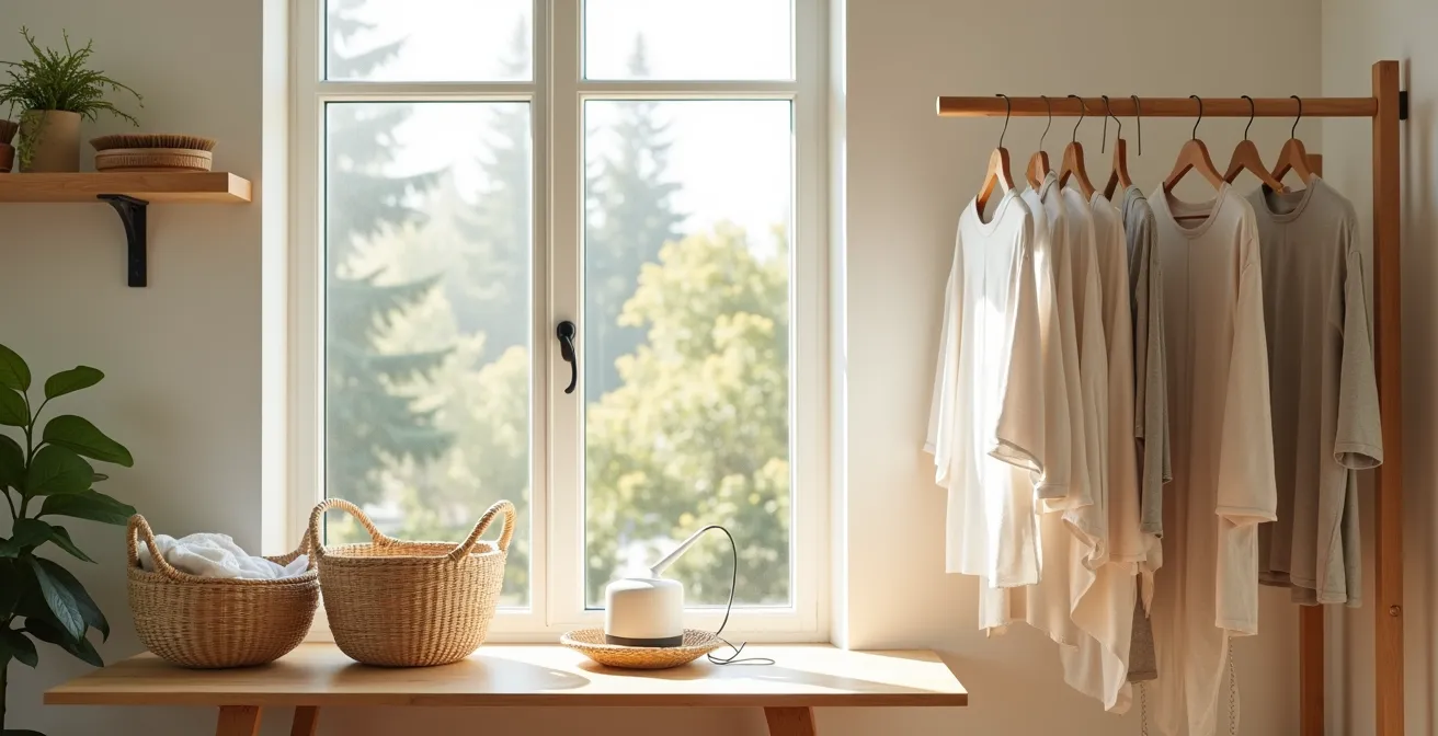 Espacio de cuidado de ropa con vaporizador, cepillos naturales y prendas aireándose junto a una ventana con luz natural