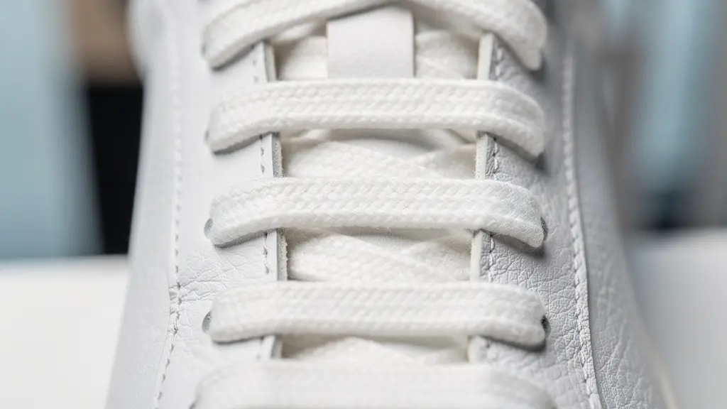 Primer plano de cordones de cuero encerado en zapatilla blanca minimalista