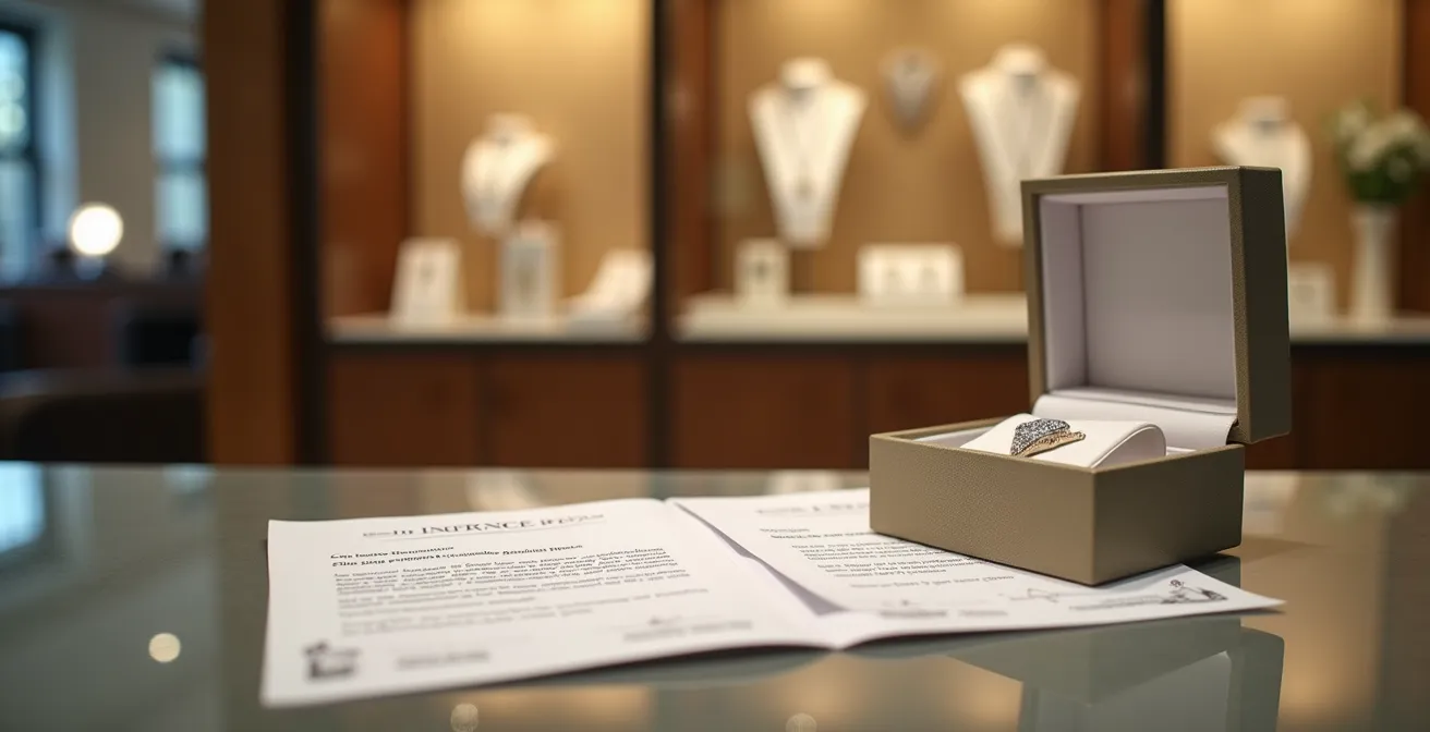 Mesa de joyería con documentos de seguro y certificados de diamante