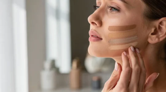 Mujer analizando diferentes tonos de base de maquillaje frente al espejo con luz natural