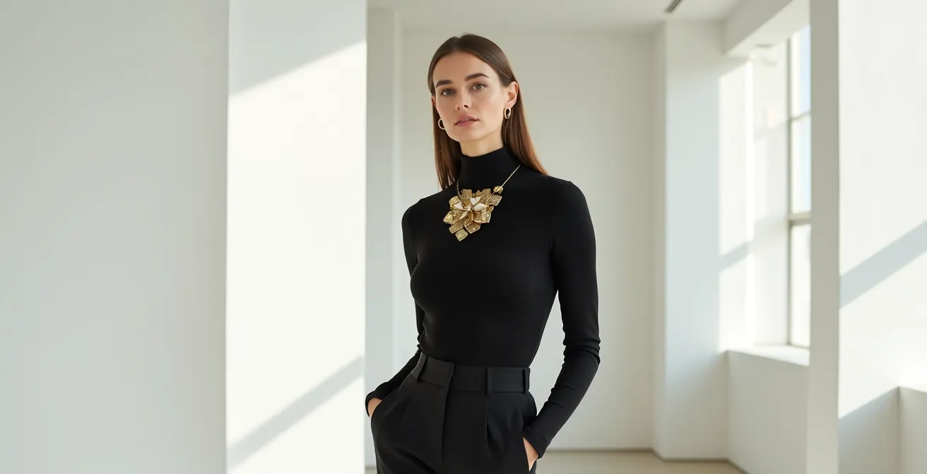 Mujer elegante con joya vintage de los 80 combinada con vestimenta minimalista moderna