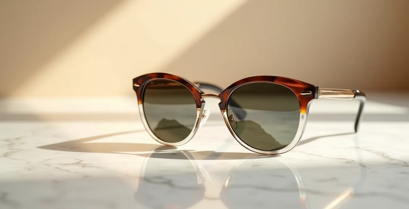 Detalle macro de gafas estilo 2000 con materiales premium modernos