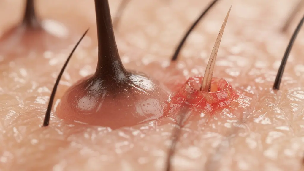 Vista microscópica de un folículo piloso inflamado mostrando el proceso de miniaturización