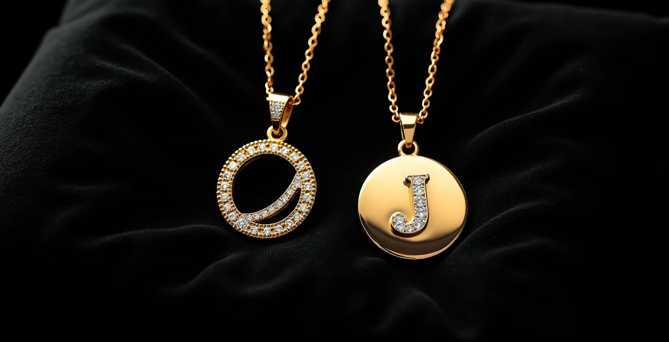 Dos colgantes de inicial, uno con pavé de diamantes y otro liso en oro, sobre terciopelo negro