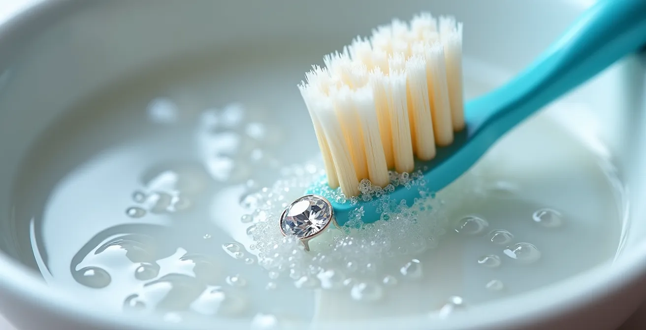 Proceso de limpieza de un anillo de diamante con cepillo de cerdas suaves y solución jabonosa