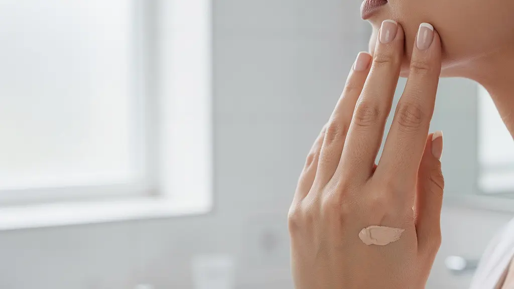 Manos limpias aplicando base de maquillaje con técnica profesional en rostro