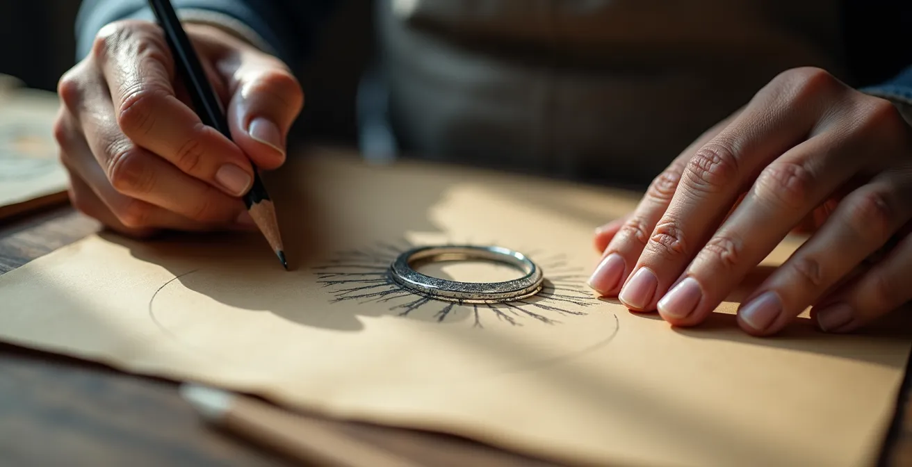 Manos de artesano dibujando un boceto detallado de una joya con lápices profesionales sobre papel texturizado.