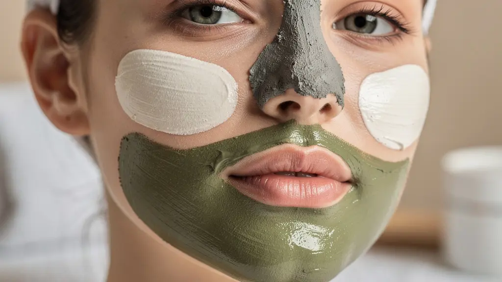 Rostro con diferentes texturas de mascarillas aplicadas por zonas específicas