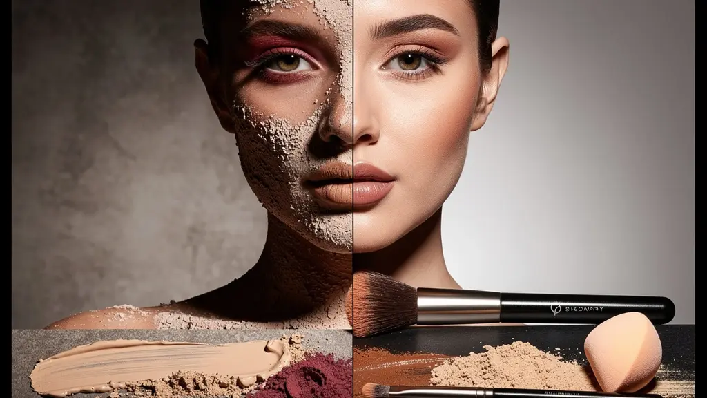 Vista simbólica del proceso de retoque de maquillaje parcheado con técnica profesional