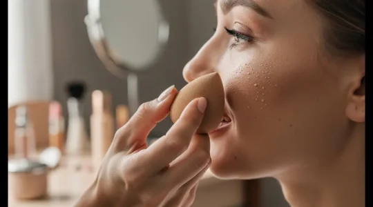 Artista maquillador profesional aplicando base con esponja en rostro modelo bajo luz natural