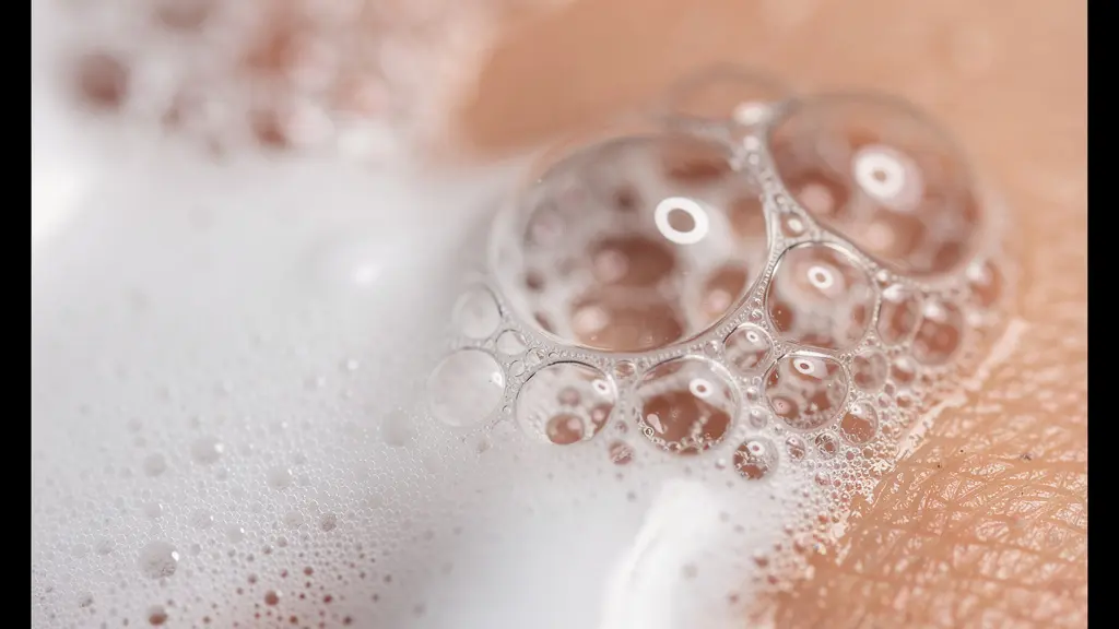 Detalle macro de burbujas formándose en superficie de mascarilla facial