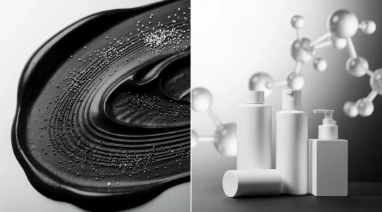 Mujer aplicándose mascarilla de carbón en el rostro con expresión analítica