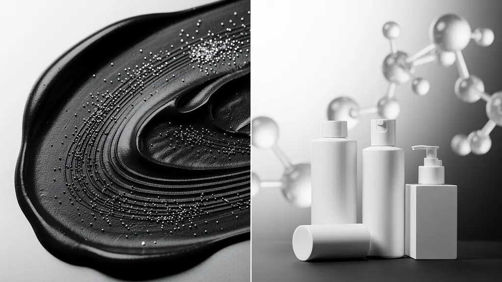 Mujer aplicándose mascarilla de carbón en el rostro con expresión analítica