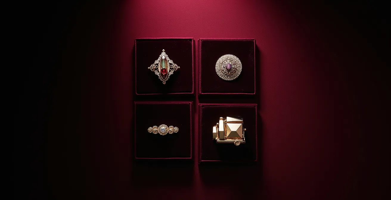 Cuadrante visual mostrando piezas de joyería categorizadas por belleza y rareza