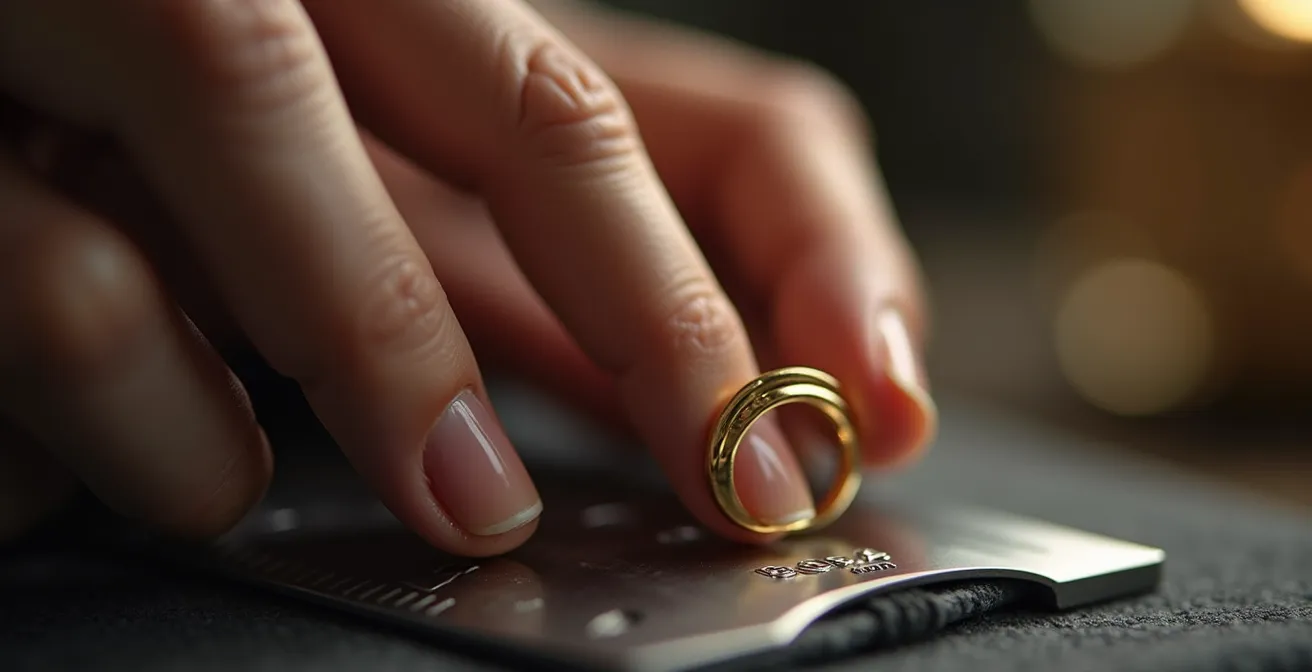 Manos midiendo discretamente un anillo con herramientas de joyero