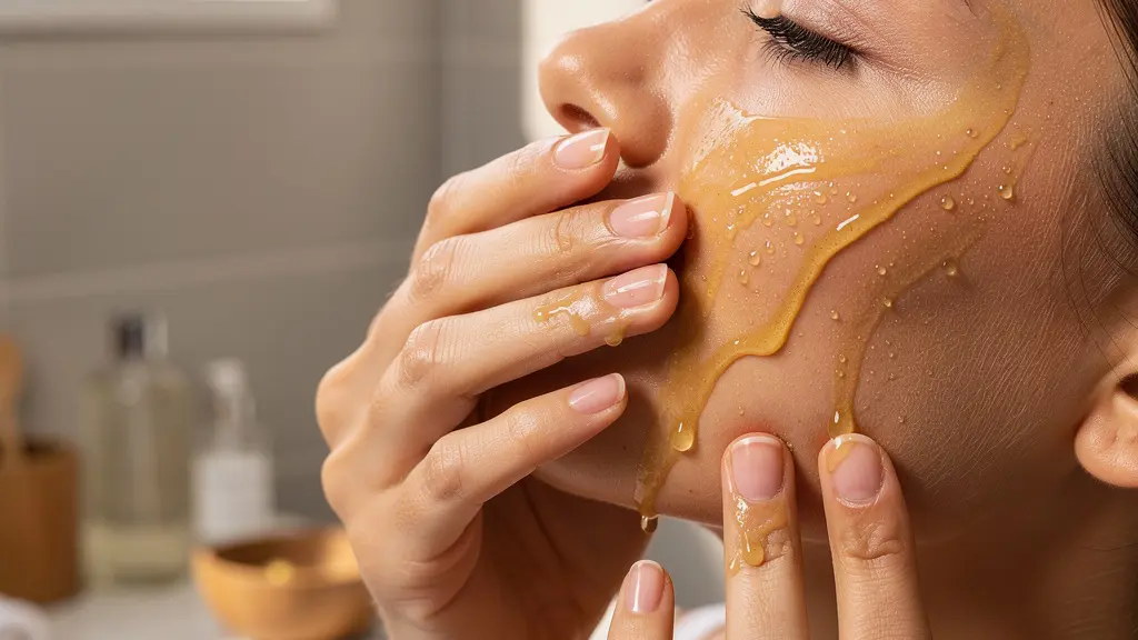 Manos aplicando aceite limpiador dorado sobre piel con movimientos circulares suaves