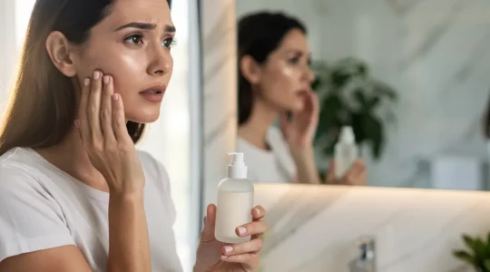Mujer adulta observando atentamente su piel frente al espejo con luz natural