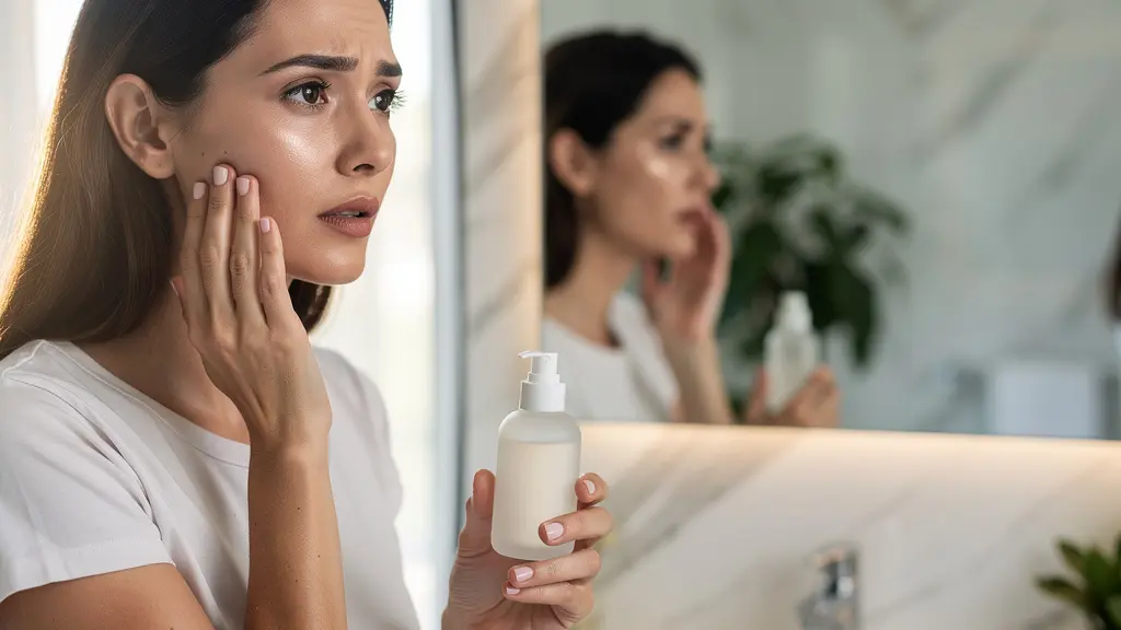 Mujer adulta observando atentamente su piel frente al espejo con luz natural