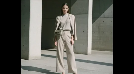 Mujer bajita con bolso pequeño estructurado en ambiente urbano minimalista