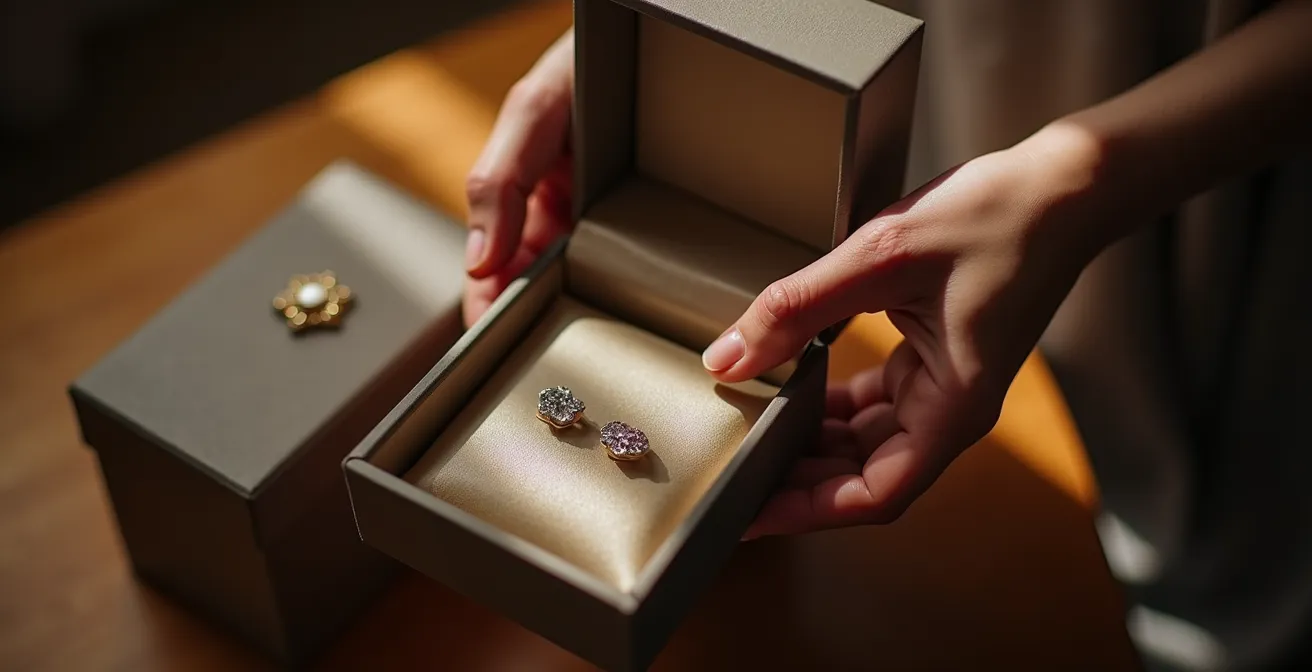 Elegante presentación de caja de joyería con capas de papel de seda y terciopelo