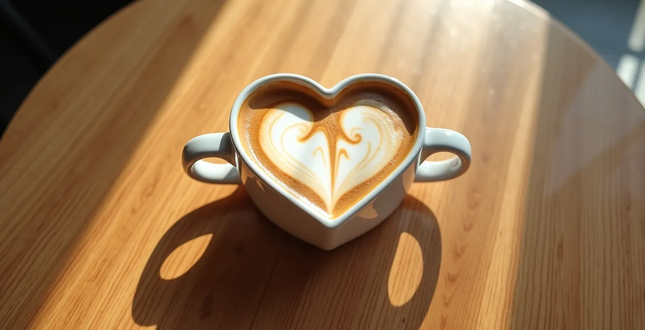 Vista aérea minimalista de mesa de café con dos tazas formando un corazón, simbolizando el lugar de una primera cita ideal para grabar sus coordenadas.