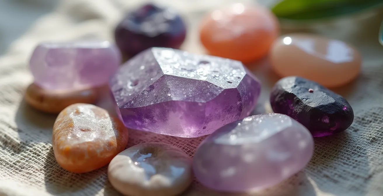 Piedras semipreciosas dispuestas en círculo sobre tela de lino bajo luz natural de ventana