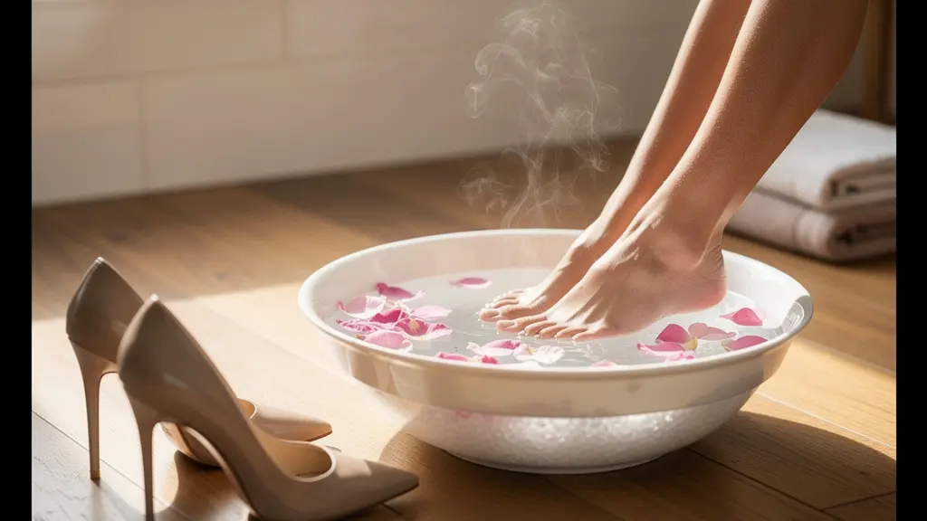 Pies descansando en baño de agua con pétalos y sales después de usar tacones