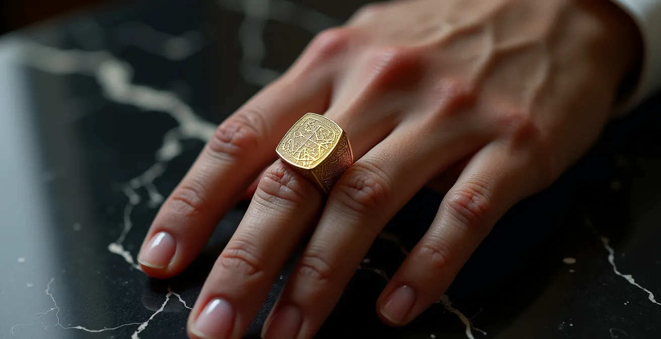 Mano masculina con único anillo de oro macizo sobre superficie de mármol negro