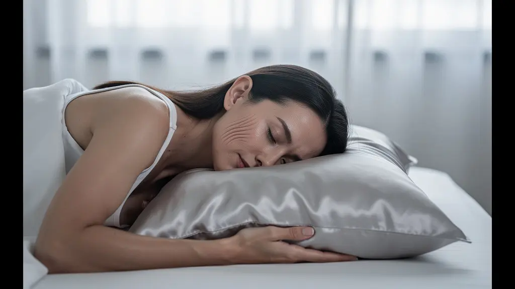 Vista lateral de mujer durmiendo mostrando compresión facial contra almohada