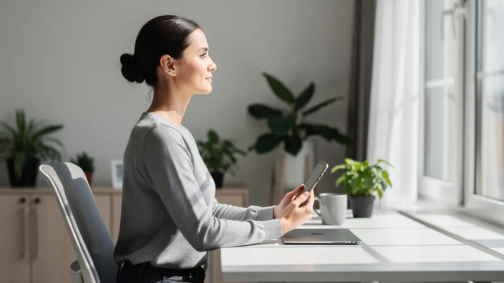 Perfil de mujer joven con postura ergonómica mirando dispositivo elevado
