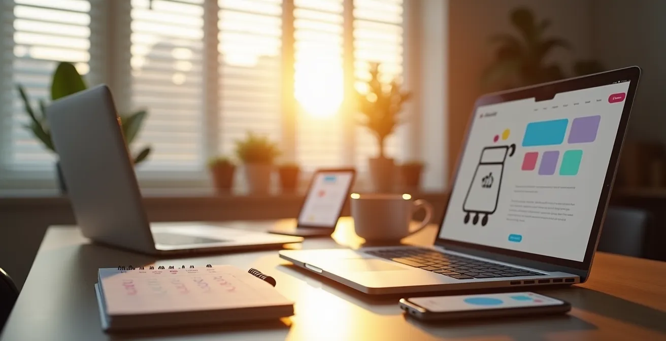 Pantalla de ordenador mostrando múltiples pestañas de tiendas online con cestas preparadas y calendario de rebajas